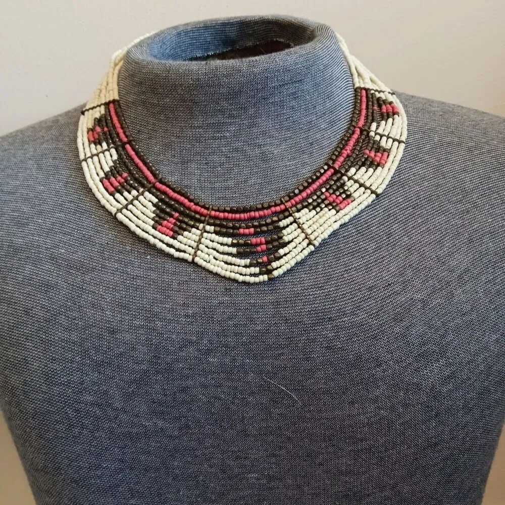 Vintage Southwestern White Multicolored Black red Seed Bead Collar Necklace - Picture 1 of 4